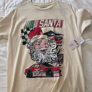 White Graphic Tee with Santa and Race Cars